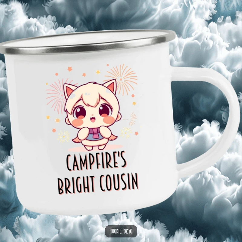 Funny Kawaii character with wide, excited eyes watching a vibrant fireworks display, perfect for this outdoor camping mug.