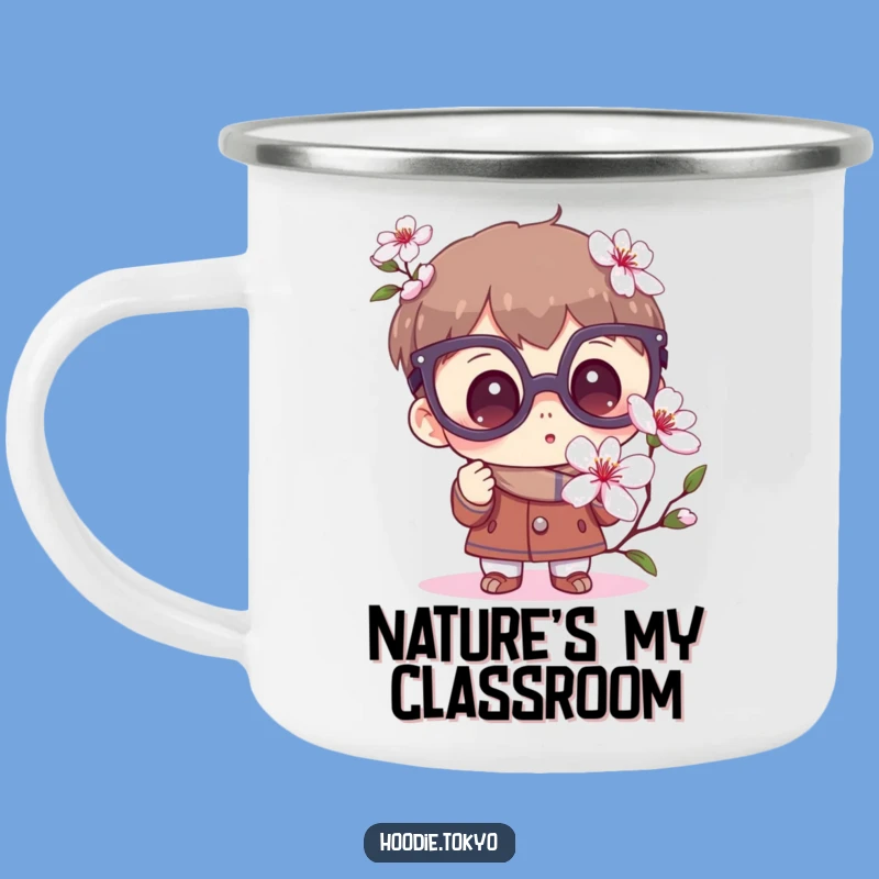 Funny Curious Camping Mug: Wondering Character Enamel Cup