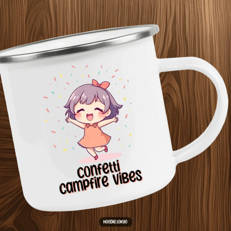 Funny Dancing Confetti Camping Mug featuring a character dancing under confetti, perfect for outdoor celebrations.