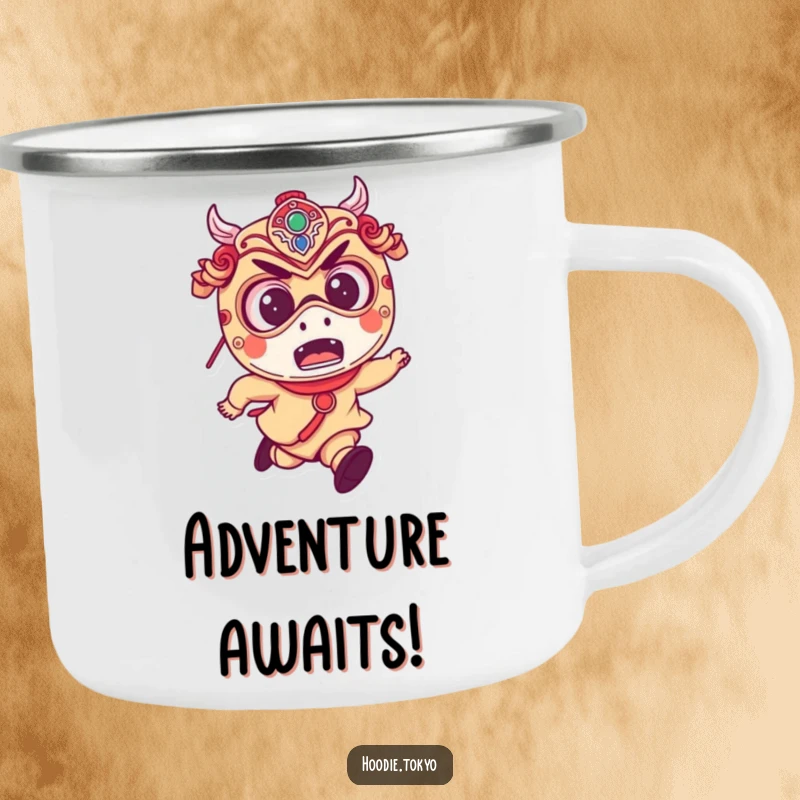 Funny camping mug featuring a mischievous character in a Japanese festival mask, running with excited eyes.