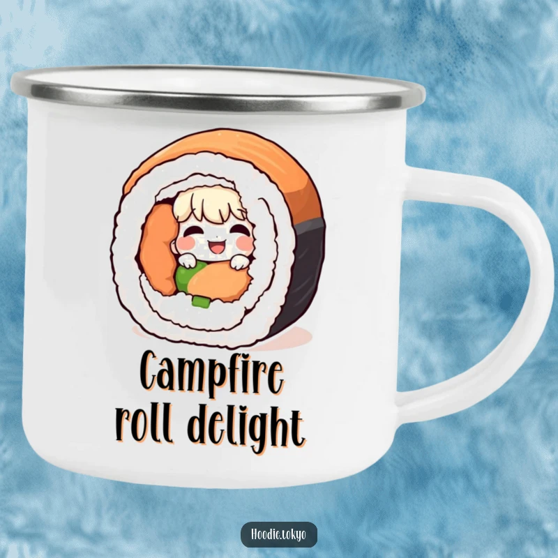 Funny giggling character peeking from behind a giant sushi roll, a durable and humorous camping mug.