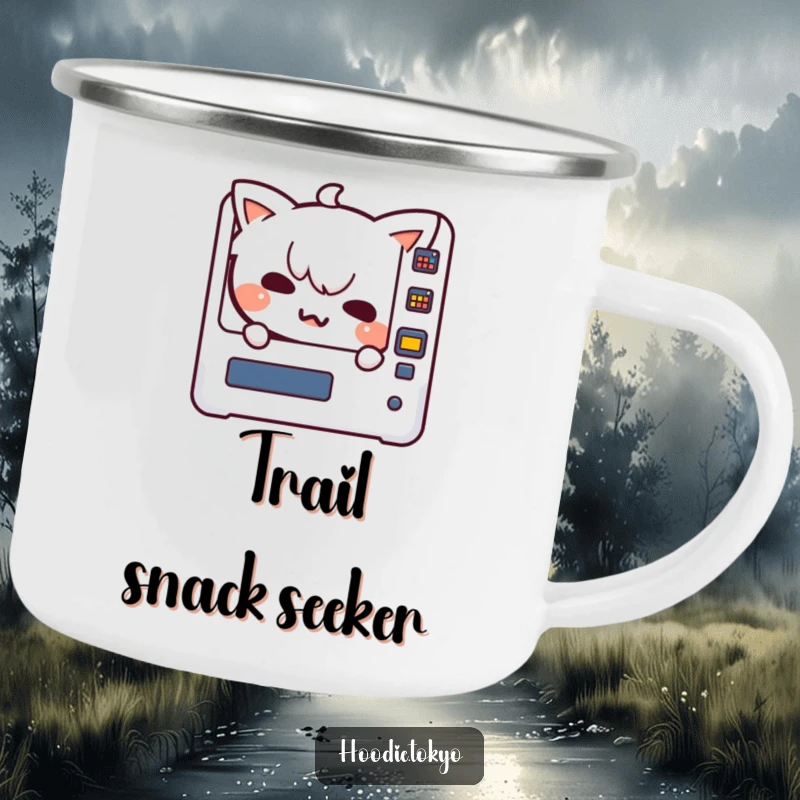 Funny Kawaii character with a mischievous grin peeking from a vending machine on a sturdy camping mug, offering playful humor outdoors.