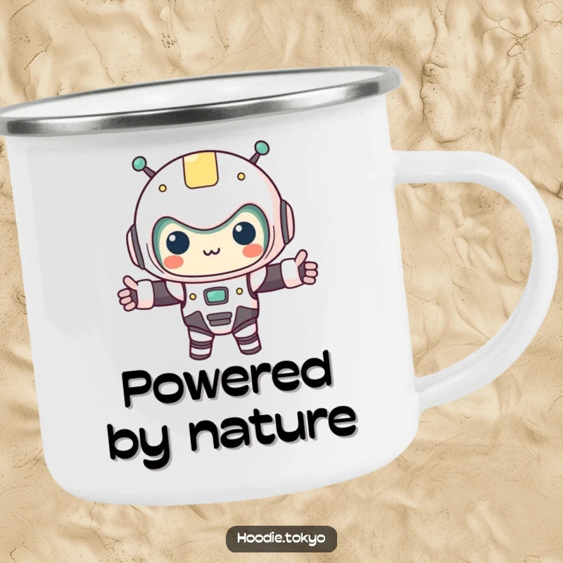 Funny kawaii character in a tiny robot costume, arms outstretched, on a sturdy camping mug. Great for outdoor use and sci-fi humor.
