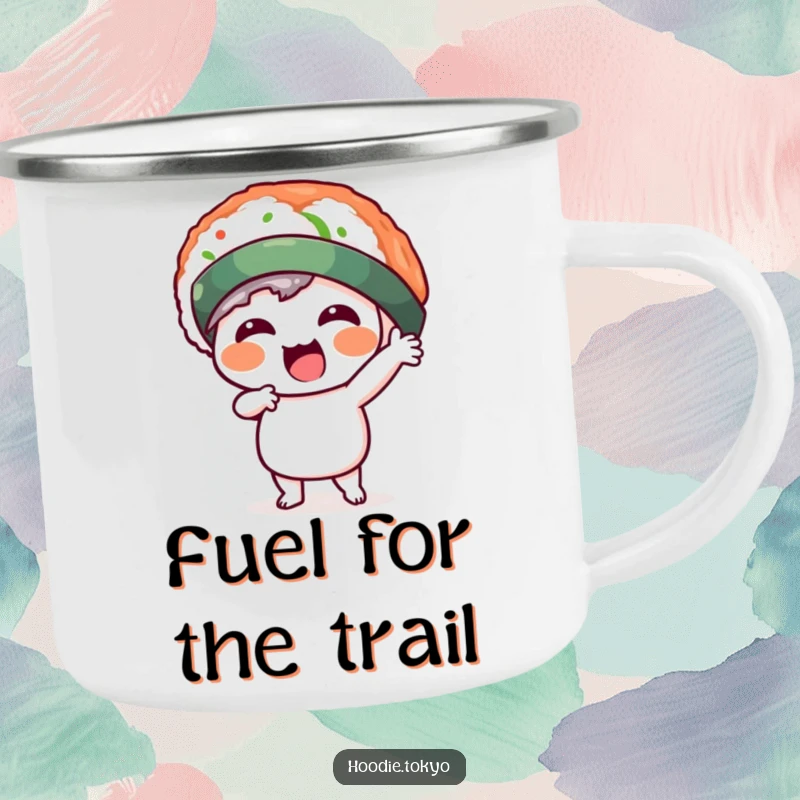Funny kawaii character in a silly sushi hat, striking a dynamic pose on a durable camping mug. Great for outdoor use and humor.