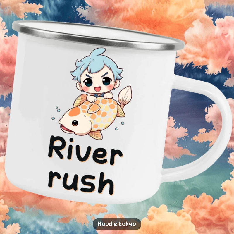 Funny Camping Mug: Character with a determined grin riding a giant koi fish, perfect for outdoor adventures and humor.