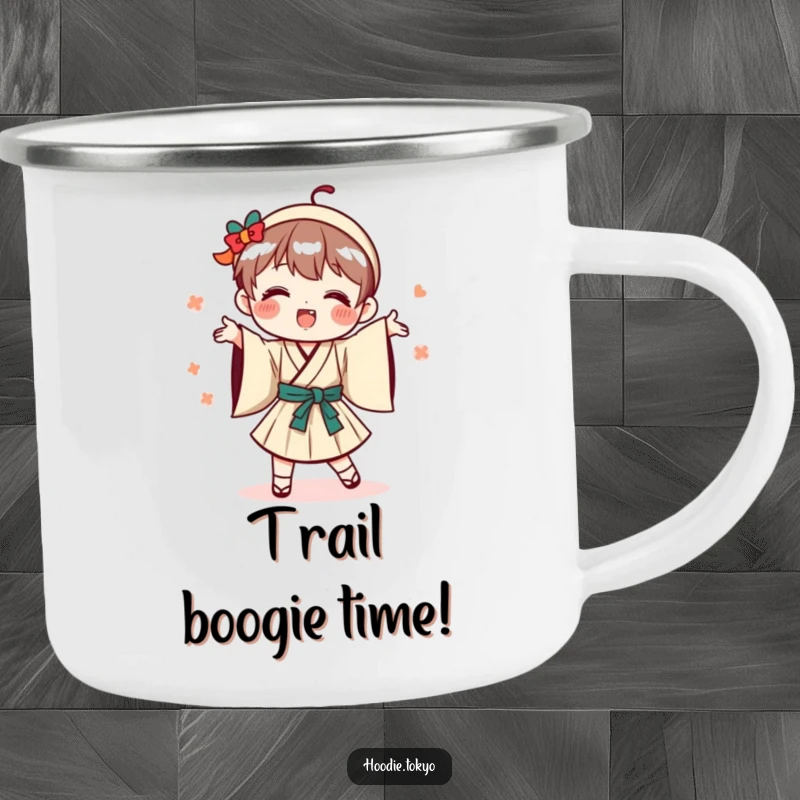 Funny playful Japanese character camping mug, doing a silly dance in traditional Japanese attire.