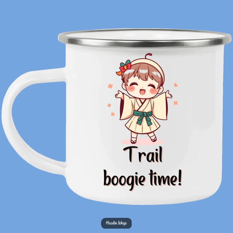 Funny Playful Japanese Character Camping Mug, Outdoor Dance Adventure