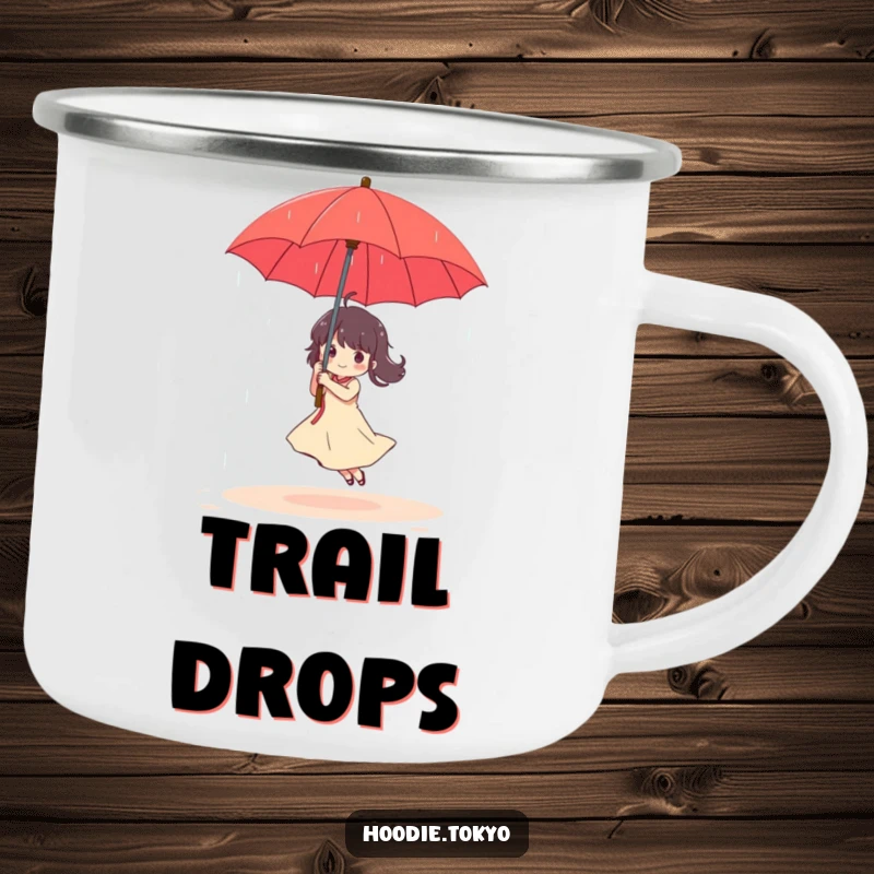 Funny Camping Mug: Character dances under a red umbrella in a gentle rain, perfect for outdoor enjoyment and humor.