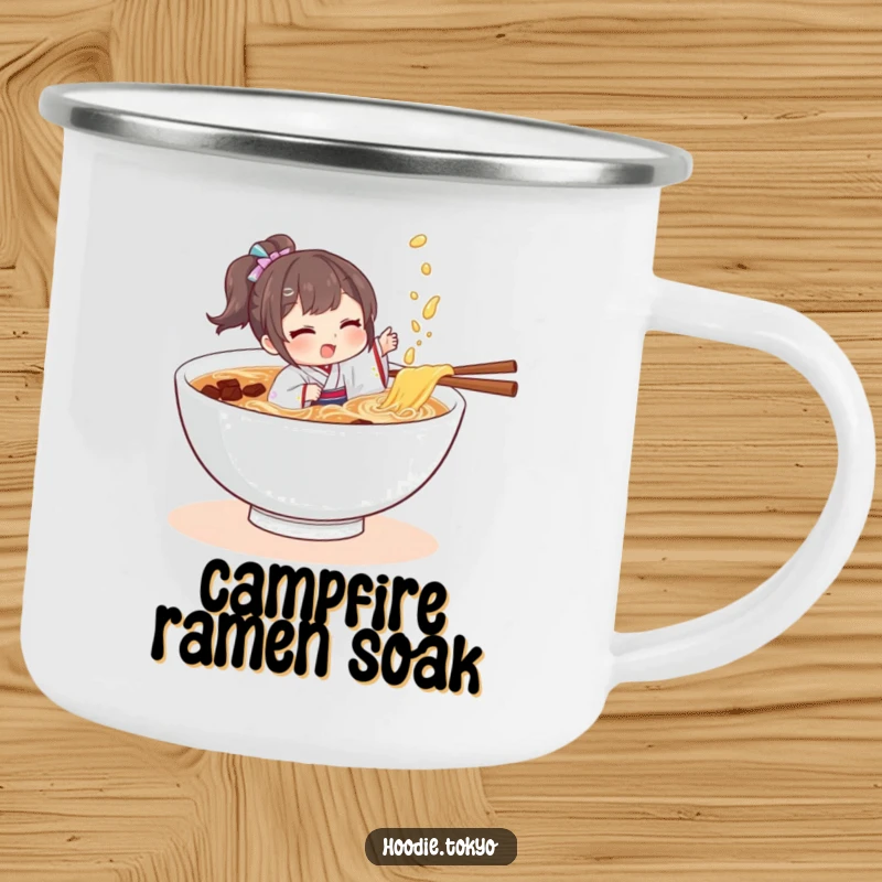 Funny character in a tiny kimono playfully splashing in a bowl of ramen, perfect for a humorous camping mug.