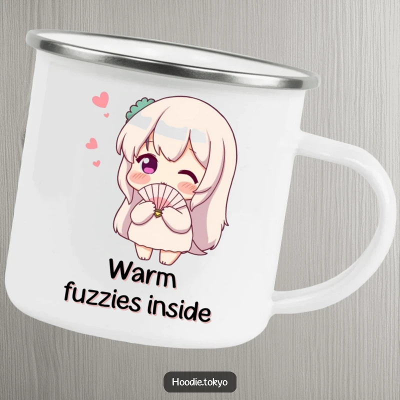 Funny Shy Fan Camping Mug: An enamel cup with a blushing character fluttering a tiny fan shyly.