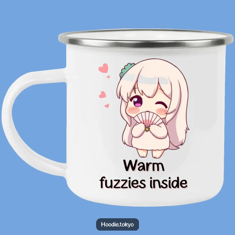 Funny Shy Fan Camping Mug: Blushing Character Enamel Cup