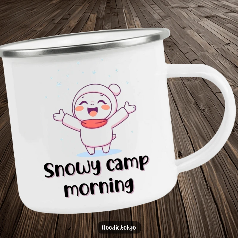 Funny Snow Catcher Camping Mug with a happy character catching snowflakes, perfect for outdoor winter drinks.