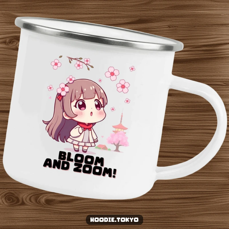 Funny surprised Tokyo character camping mug, with a background of floating cherry blossoms.