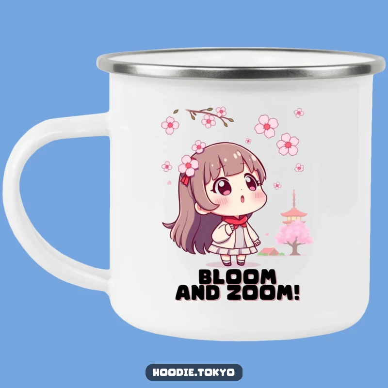 Funny Surprised Tokyo Character Camping Mug, Outdoor Cherry Blossom Adventure