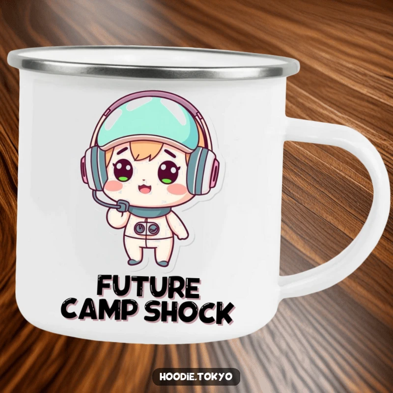 Funny kawaii character camping mug, surprised expression, wearing a futuristic headset, durable outdoor cup, cute tech design.