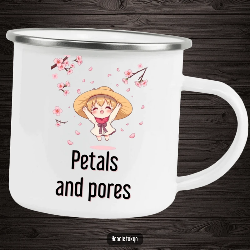 Funny camping mug with a kawaii character in a hat, joyfully gathering falling cherry blossom petals, ideal for outdoor enthusiasts who love cute designs.