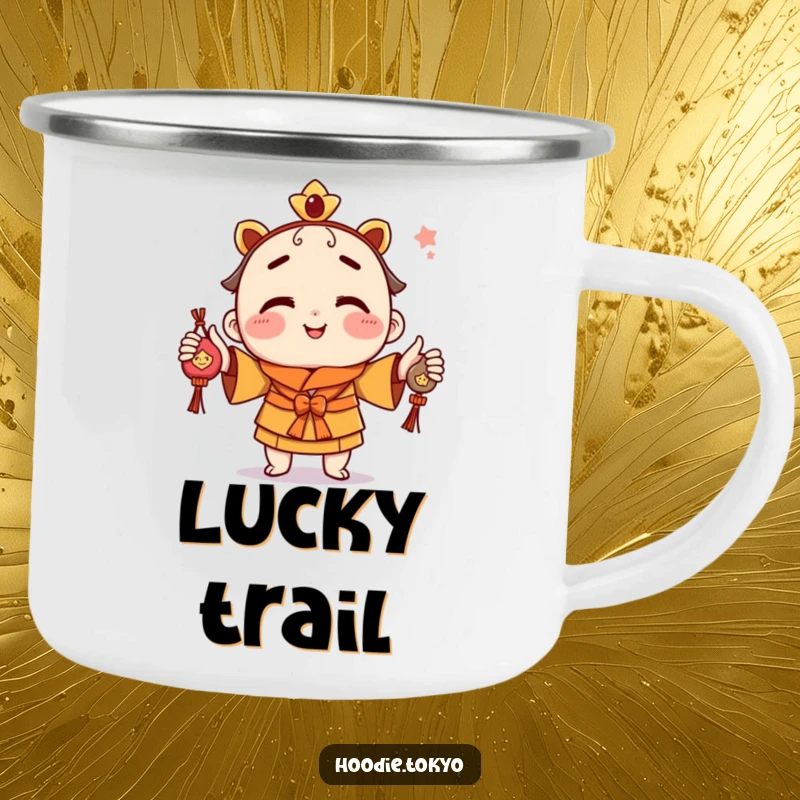 Funny camping mug with a playful character juggling omamori charms, ideal for outdoor enthusiasts who enjoy luck and fun.