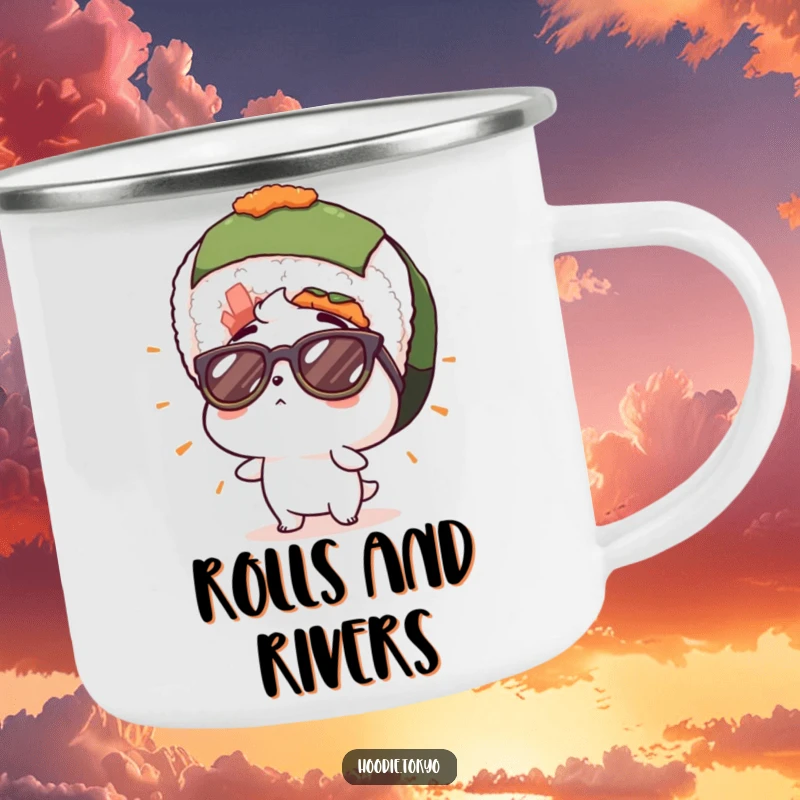 Funny camping mug with a character in cool sunglasses, looking surprised at a giant sushi roll, ideal for enjoying beverages outdoors with a humorous touch.