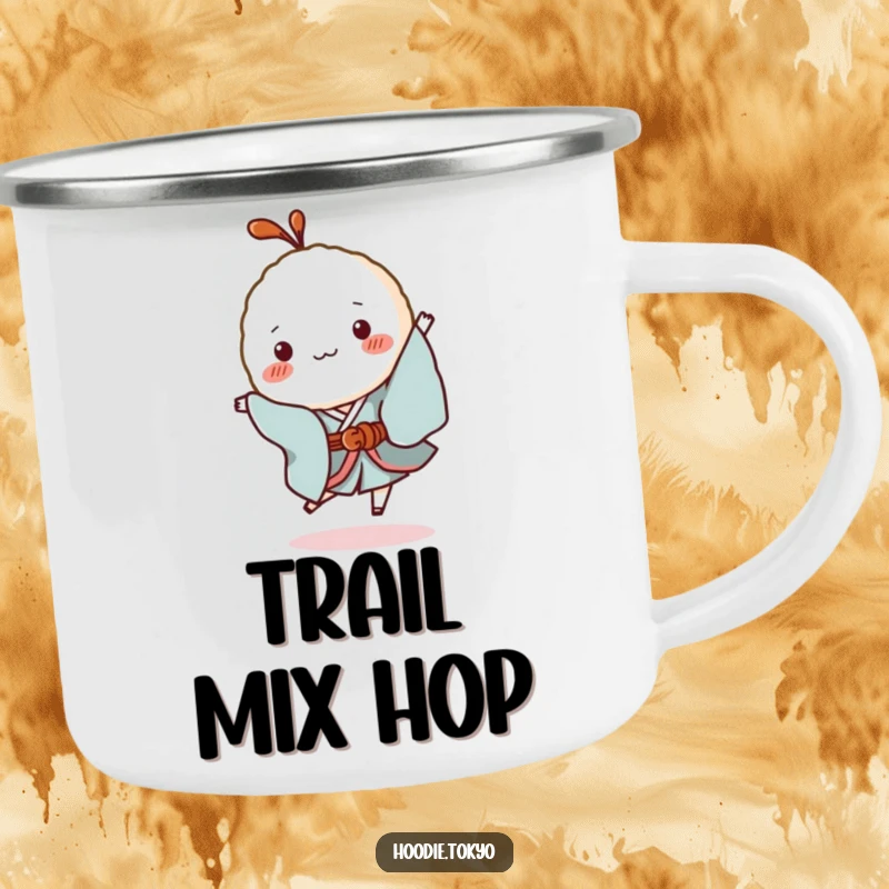 Funny Rice Ball Kimono Camping Mug: A durable mug with a tiny rice ball character in a kimono hopping playfully, perfect for all outdoor excursions.