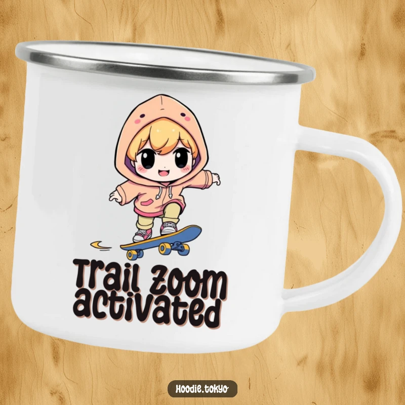 Funny enamel camping mug with a character in a bright hoodie, smiling with sharp concentration while skateboarding at speed.