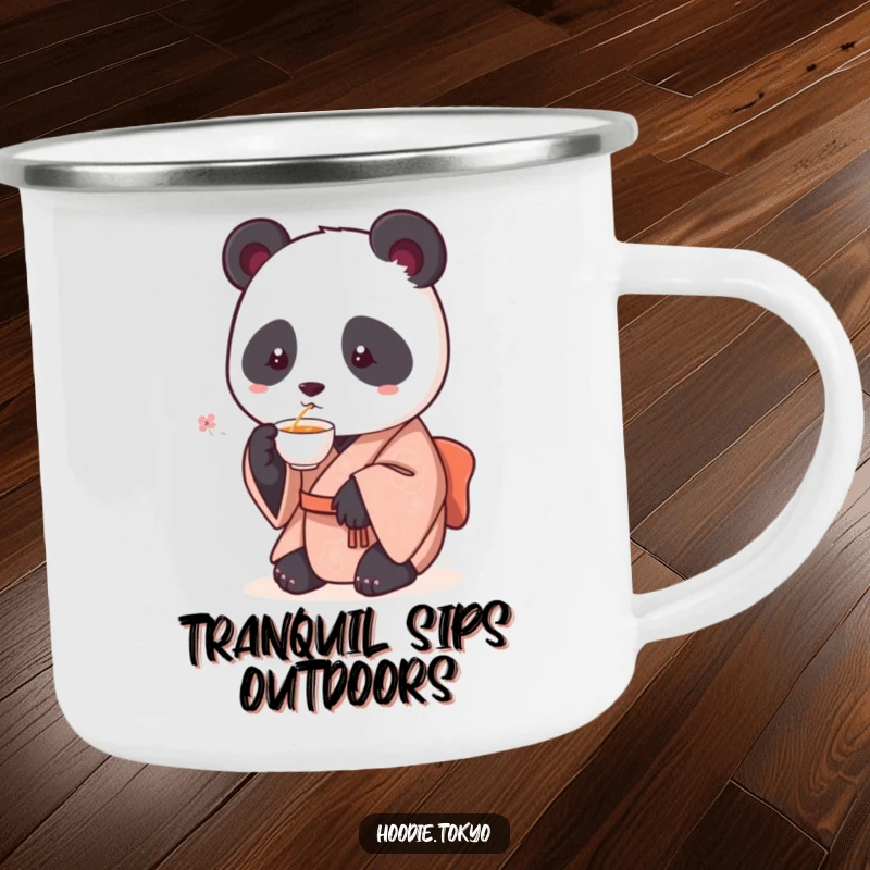 Funny camping mug featuring a round panda in a kimono, sipping tea amidst nature, perfect for outdoor humor.