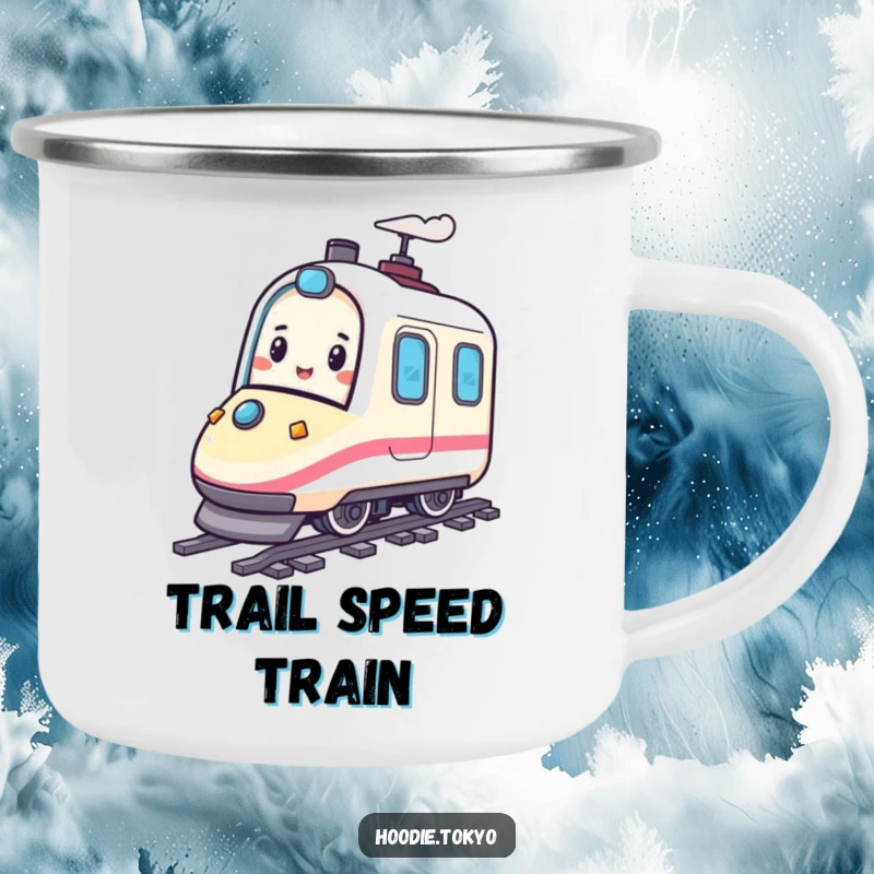 Funny camping mug with a happy character playfully bouncing on a miniature bullet train, ideal for enjoying beverages outdoors with a sense of speed.