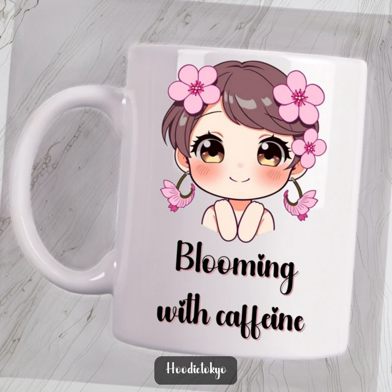 Funny smiling character with oversized sparkling cherry blossom earrings, conveying joy and beauty on a mug.