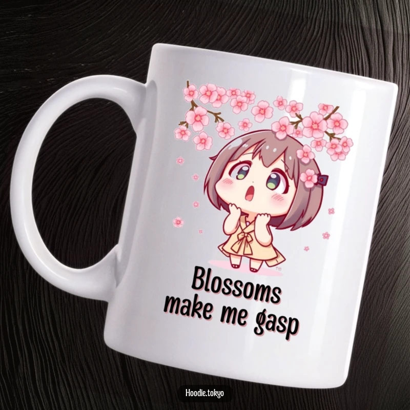 Funny surprised Tokyo character looking up in awe at floating pink cherry blossoms, anime style, delightful mug.