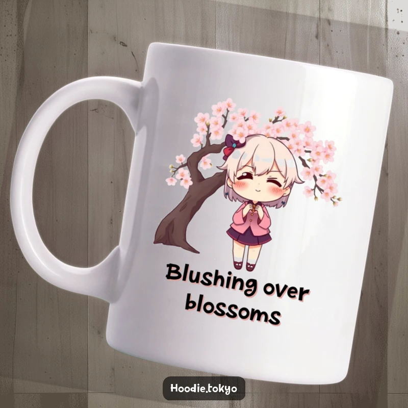 Funny character with exaggerated blush posing dramatically in front of a cherry blossom tree, capturing a humorous moment.