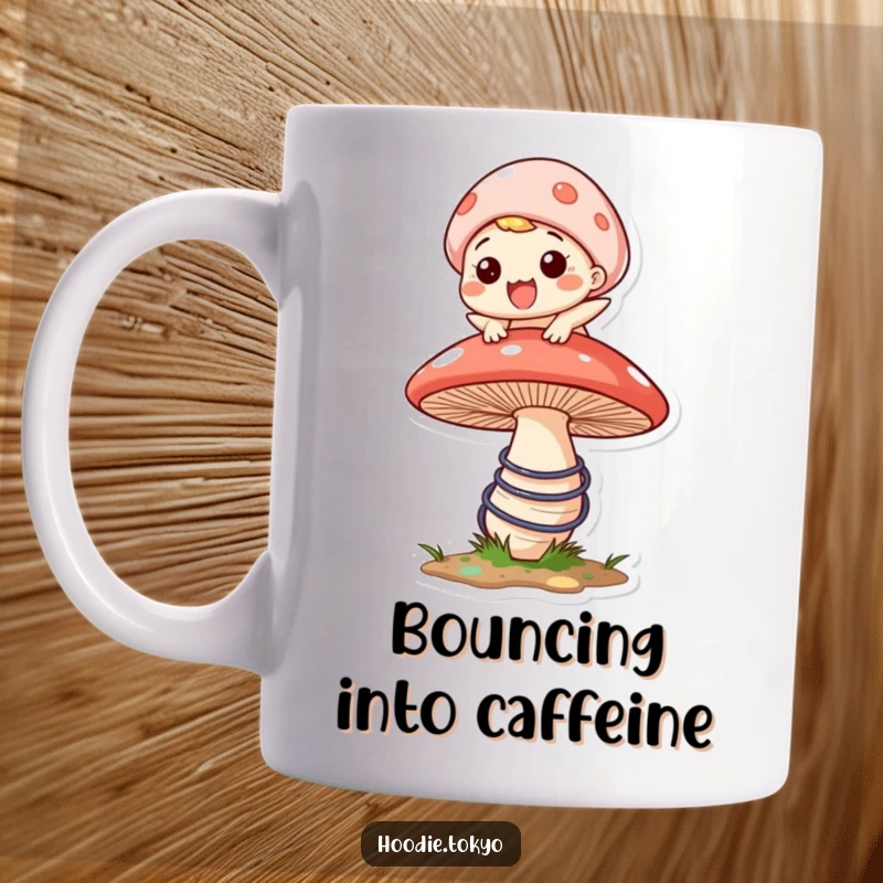 Funny character mug showing a grinning person gleefully bouncing on a huge, springy mushroom, conveying pure delight and energy.
