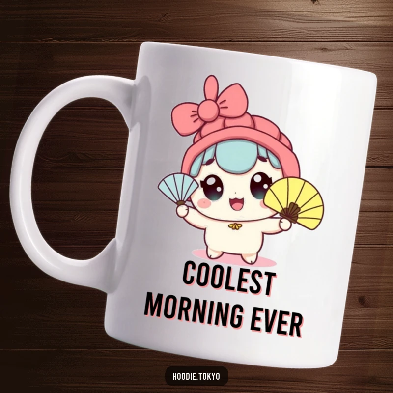 Funny kawaii character mug with wide eyes enthusiastically waving a fan, bringing a cool vibe and a smile.
