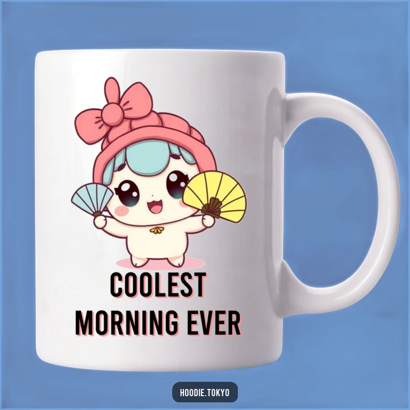 Funny Kawaii Fan Waving Mug - Wide-Eyed Character Cool Breeze Gift Idea