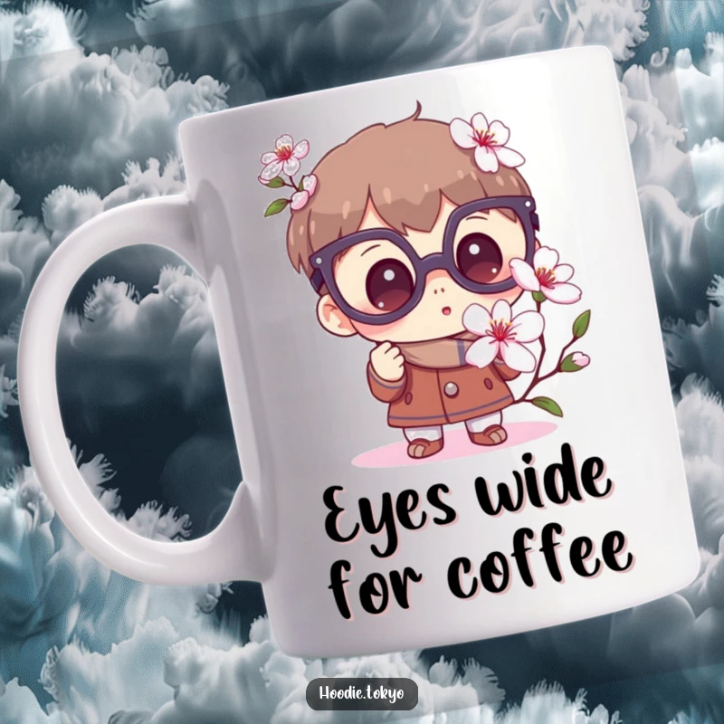Funny Curious Mug: A character with big glasses gazes in wonder at a delicate sakura flower in bloom.