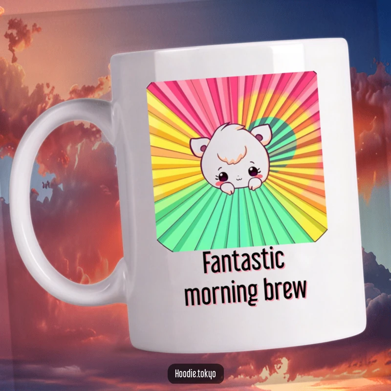 Funny Fan Peek-a-Boo Mug featuring a cute character playfully peeking from behind a large, vibrant, colorful fan, full of mischief.