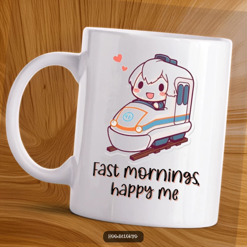 Funny bullet train mug featuring a determined character joyfully riding a miniature bullet train at high speed.