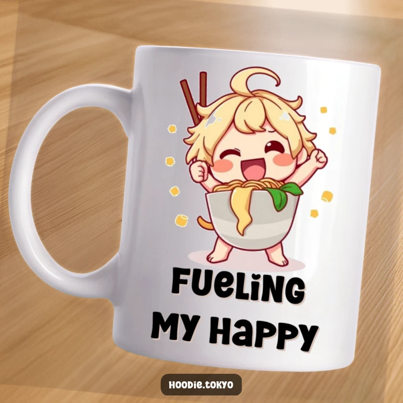 Funny ramen kawaii mug with a happy character posing dynamically with a bowl of noodles, great funny gift.