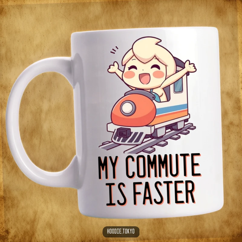 Funny mug showing a joyful character's excited ride on a tiny bullet train, bringing speedy smiles and travel vibes.