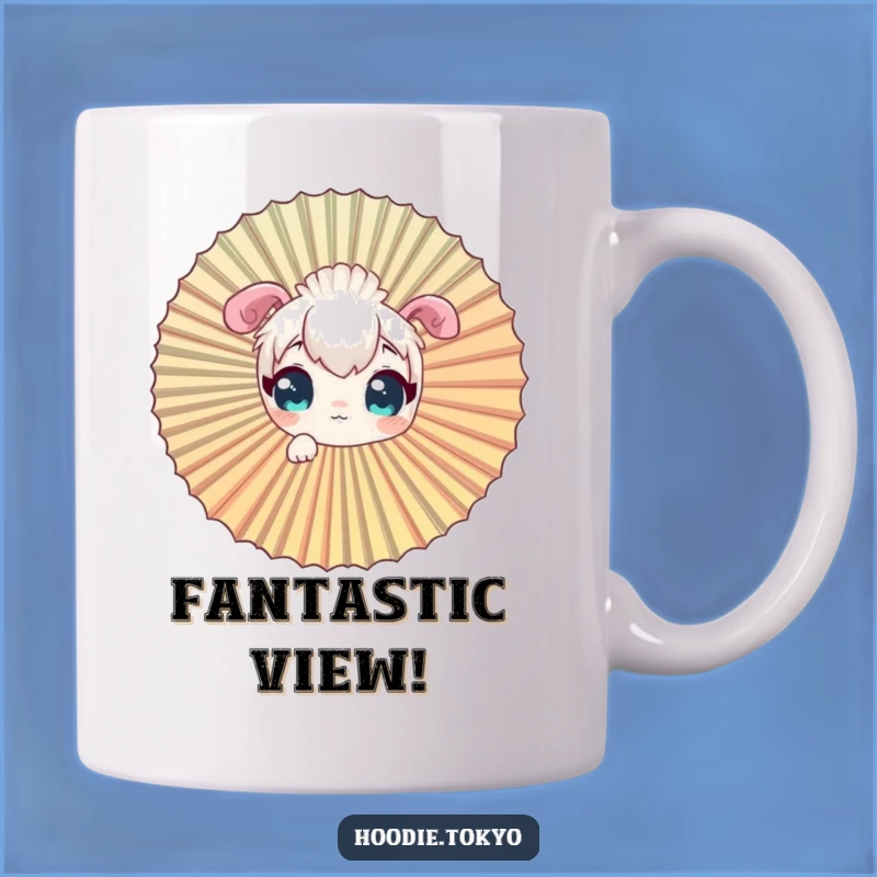 Funny Curious Character Fan Mug, Peeking Through Giant Oriental Art
