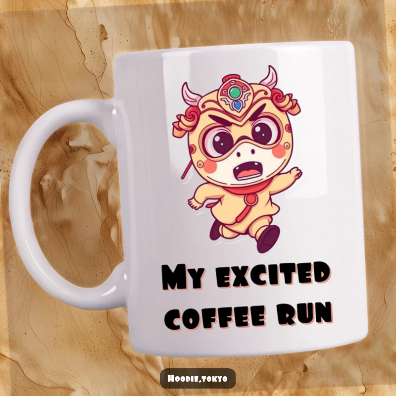Funny mug depicting a small, mischievous character with big, excited eyes, wearing a Japanese festival mask and running.