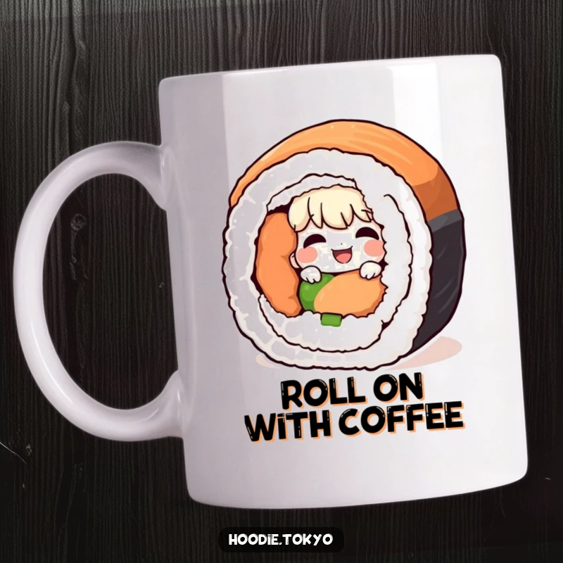 Funny giggling character peeking from behind a giant, delicious-looking sushi roll on a mug, full of playful mischief.