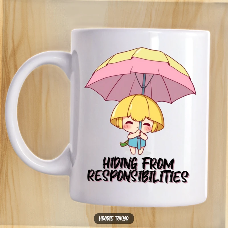 Funny character mug showing a playful person hiding behind a huge, cartoonish umbrella, suggesting a fun secret or surprise.