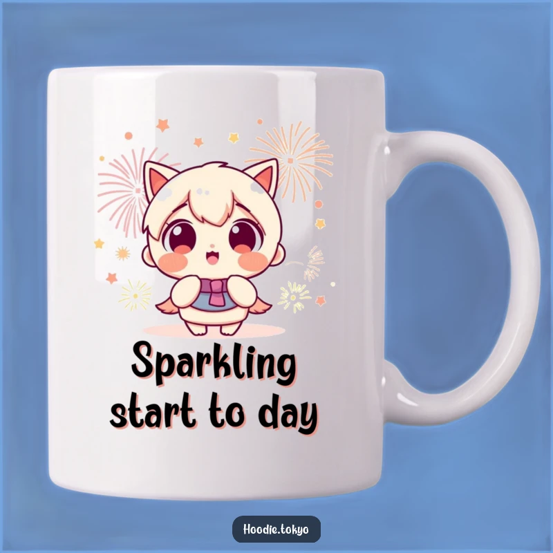 Funny Kawaii Fireworks Mug: Excited Eyes, Joyful Sparkle, Perfect Gift
