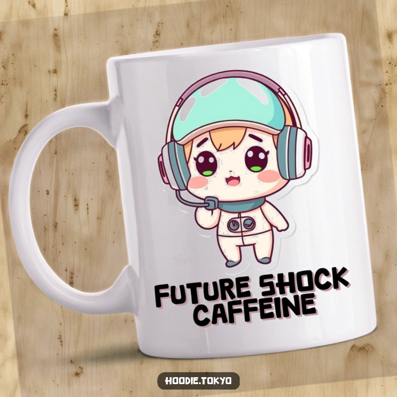 Funny kawaii character mug, surprised expression, wearing a futuristic headset, cute tech enthusiast, perfect gift.