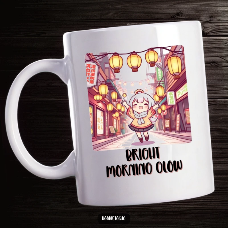 Funny Mug: Kawaii character joyfully juggling glowing lanterns in a Tokyo street, a whimsical and amusing scene.
