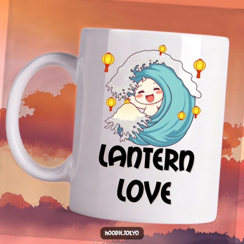 Funny Mug: Character with a large, happy wave is surrounded by beautifully glowing, colorful lanterns, emitting warmth.