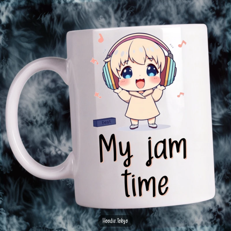 Funny Mug: Character with huge headphones bops excitedly, lost in the rhythm of unseen music, full of joy.