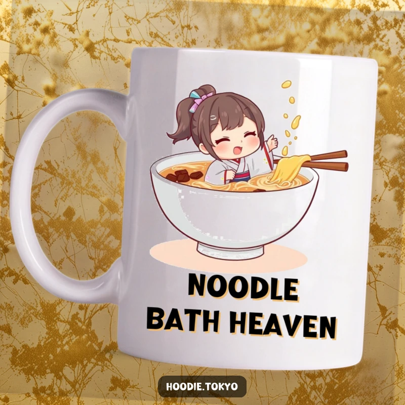 Funny character in a tiny kimono playfully splashing in a bowl of ramen, bringing a whimsical and humorous vibe.