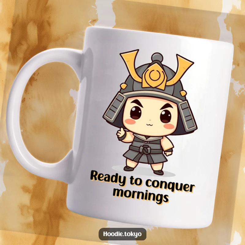 Funny Samurai Mug: A whimsical character in a tiny helmet strikes a funny, heroic pose ready for action.