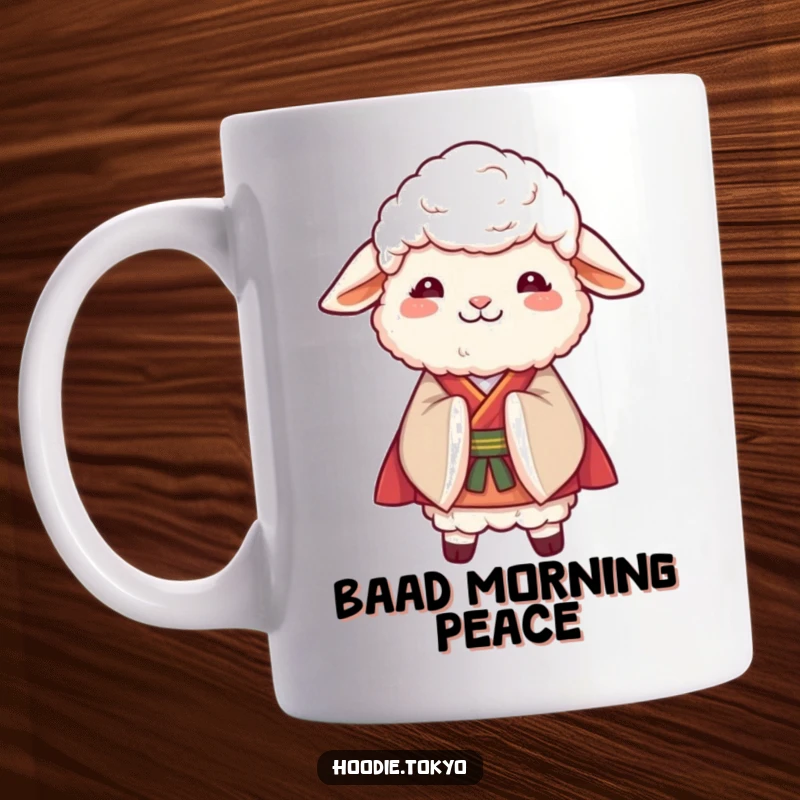 Funny Sheep Kimono Mug: A fluffy sheep in a kimono bows gracefully with a smile, perfect for a peaceful, humorous start.