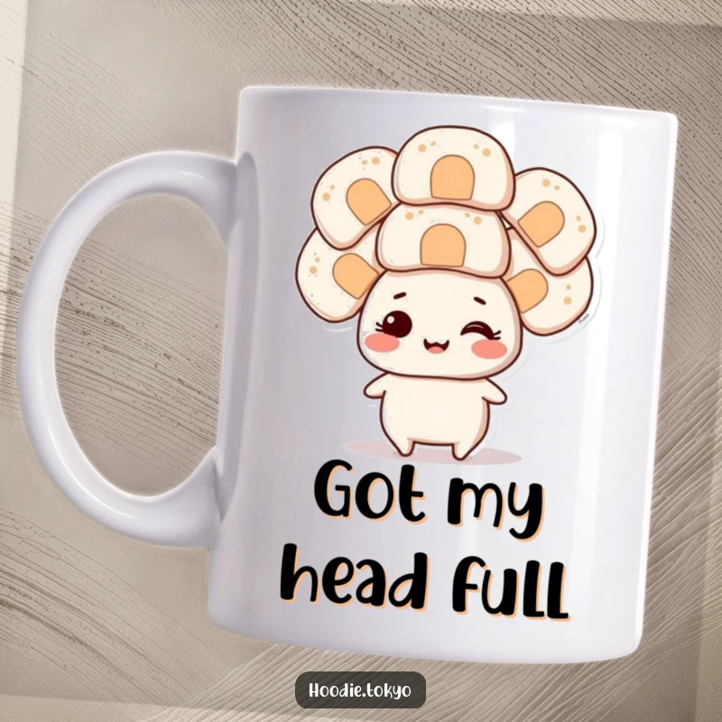 Funny smiling character balancing several oversized onigiri on its head, showcasing a comical and impressive feat.